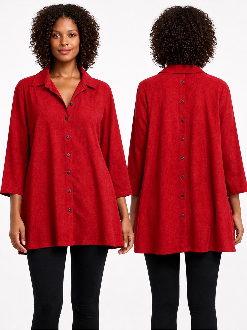 Toofan Red Button Front Tunic Top 3/4 Sleeve Flare Hem XL